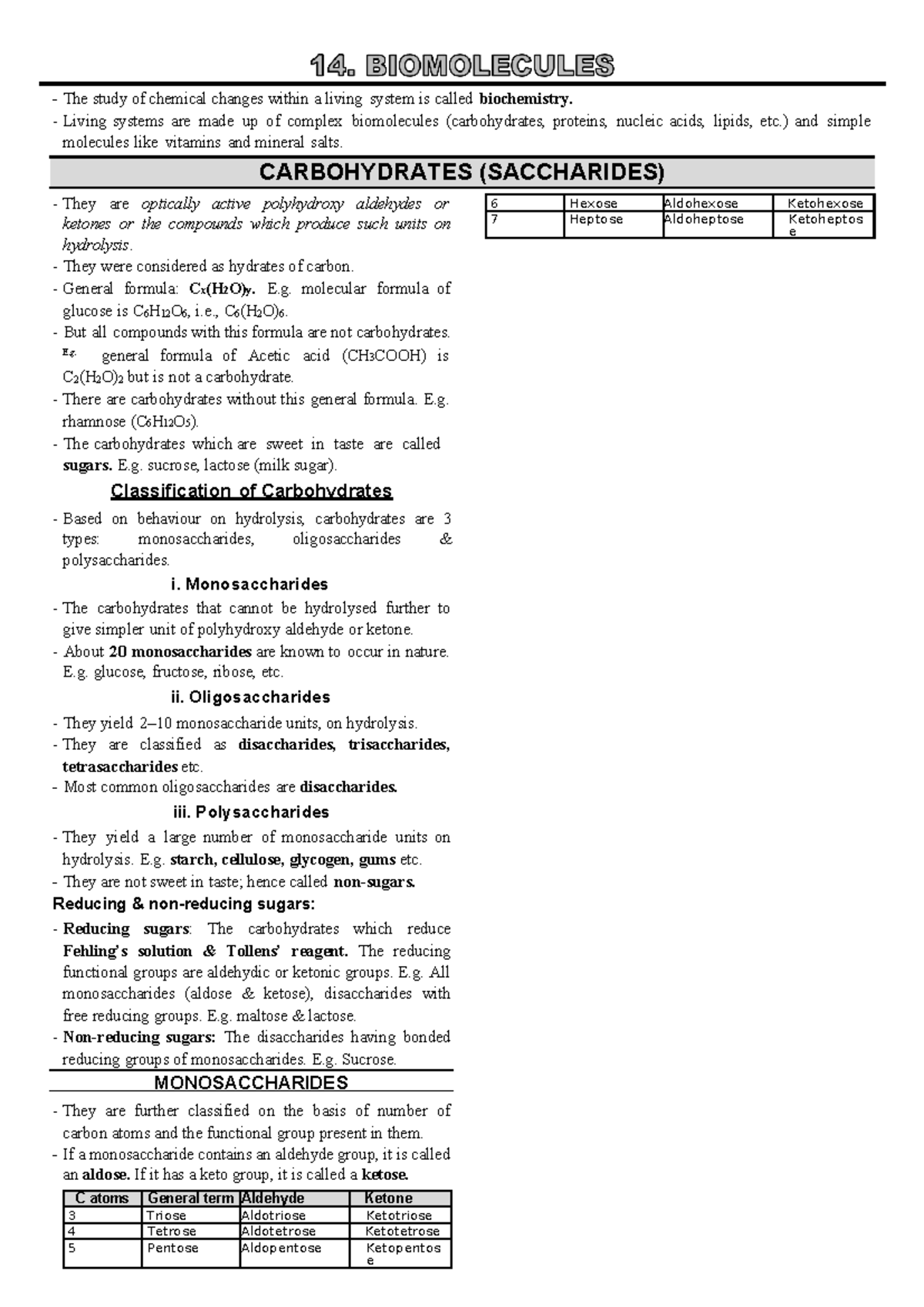 Biomolecules Overview and Notes for Course 14 - Studocu