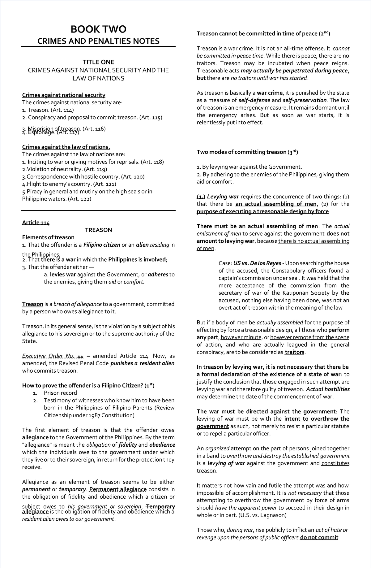 Criminal Law (BOOK 2): Crimes Against National Security & Nations - Studocu