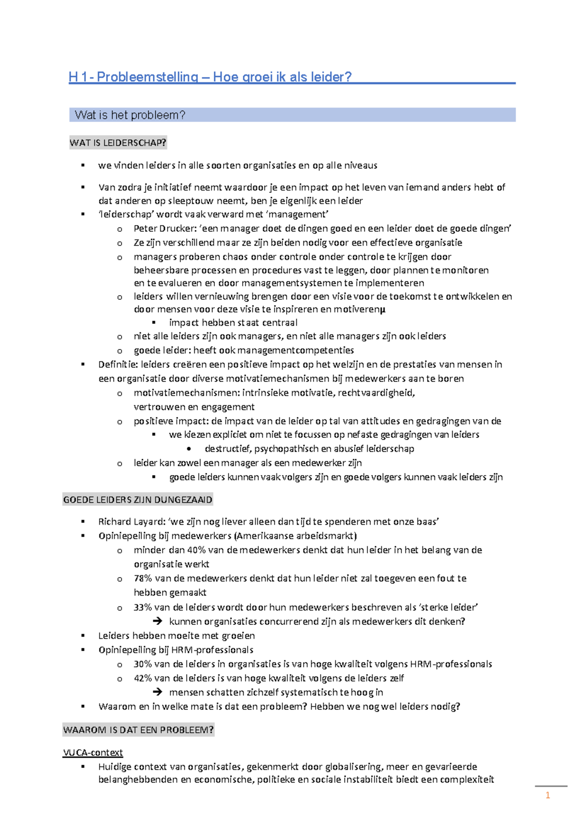 H1 Leiderschap en Management: Uitgebreide Samenvatting en ...