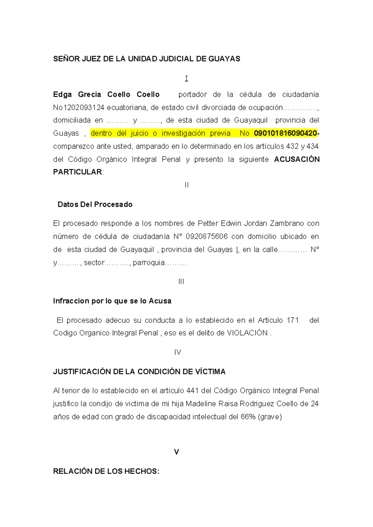 Acusación Particular en el Juicio No. [Código] - Caso de Violación ...