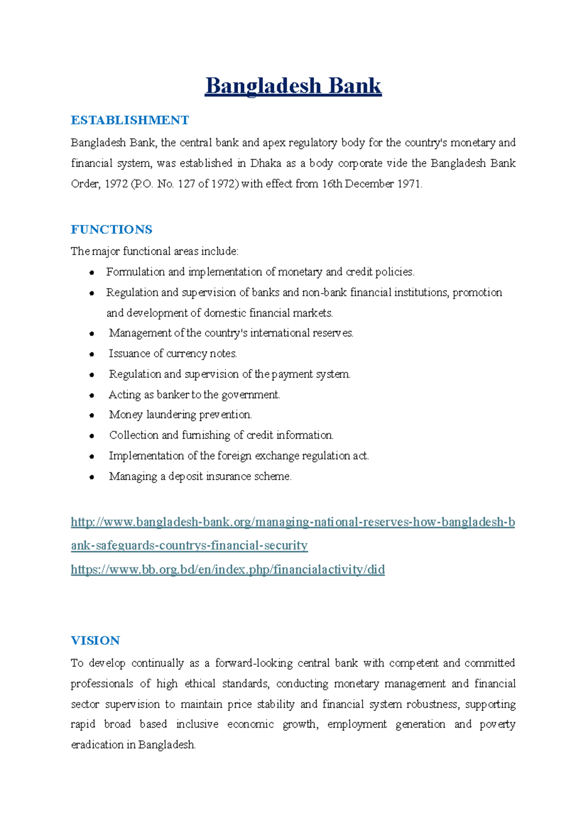 Ch-4: Functions of Bangladesh Bank - Overview and Commitments - Studocu
