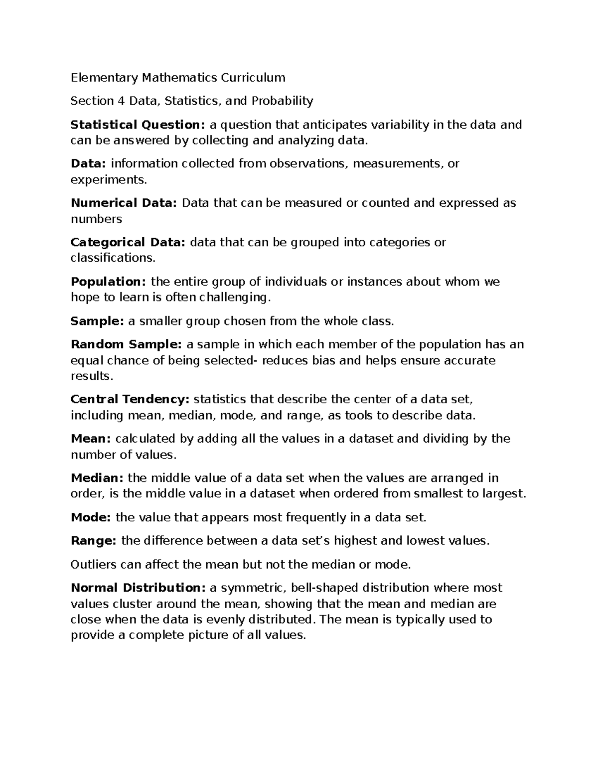 Elementary Mathematics Curriculum: Section 4 - Data, Stats ...