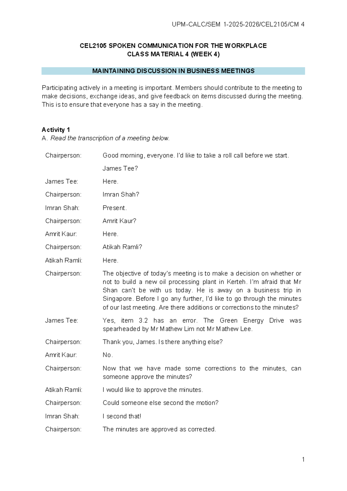 CEL2105 Week 4 Class Material: Business Meeting Communication Skills ...