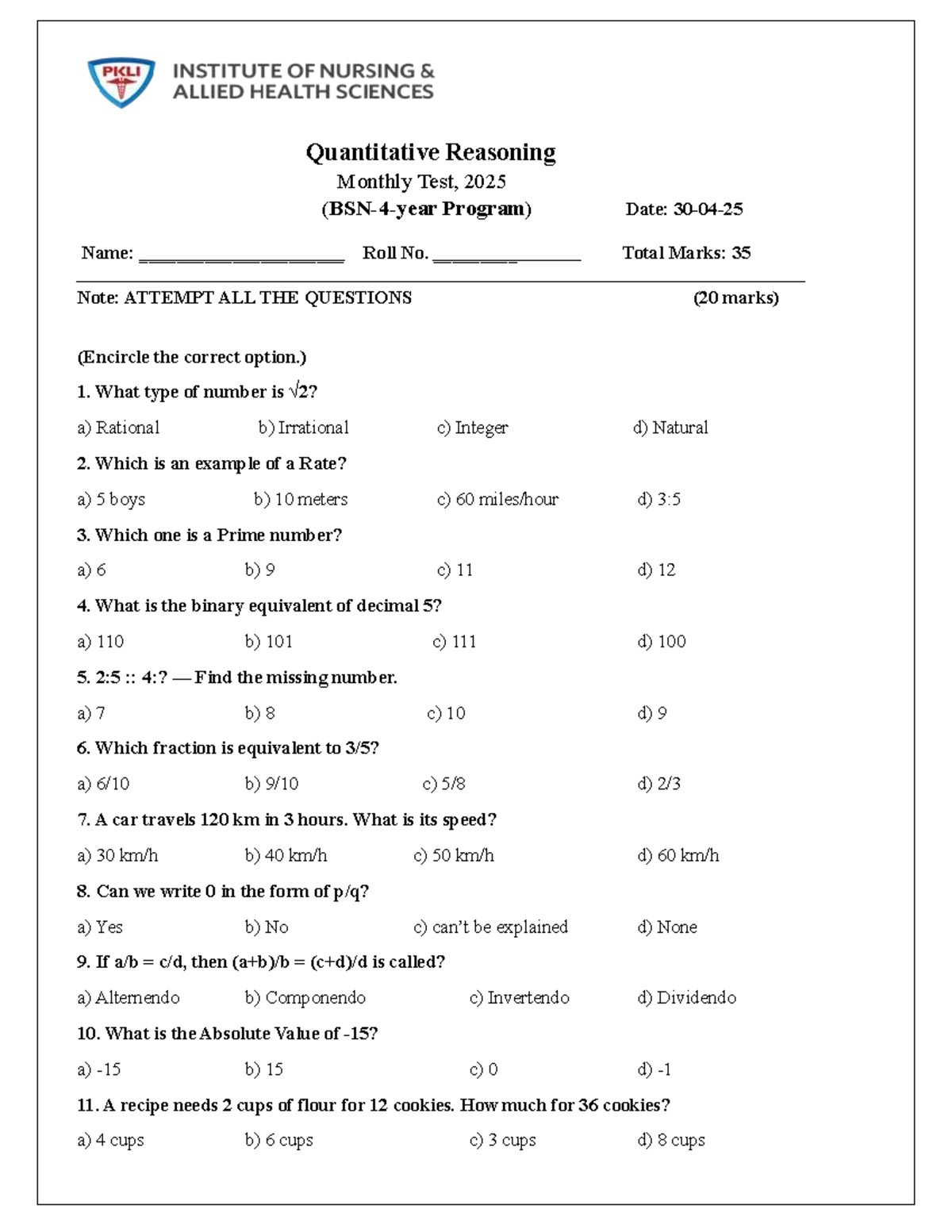 Quantitative Reasoning Monthly Test (QA 30-04-25) - Studocu