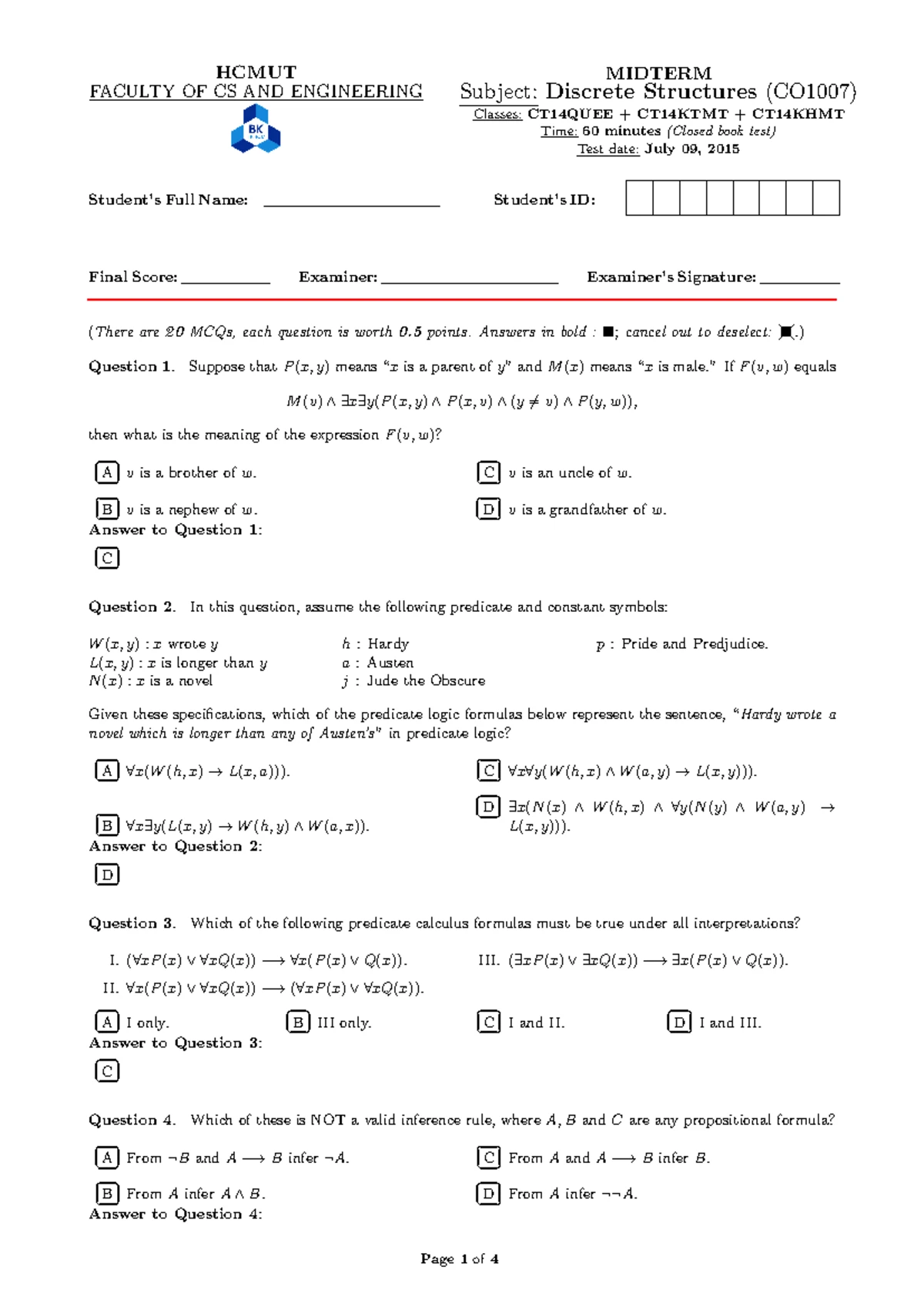Midterm Exam Key for Discrete Structures (CO1007) - CC16KHMT - Studocu