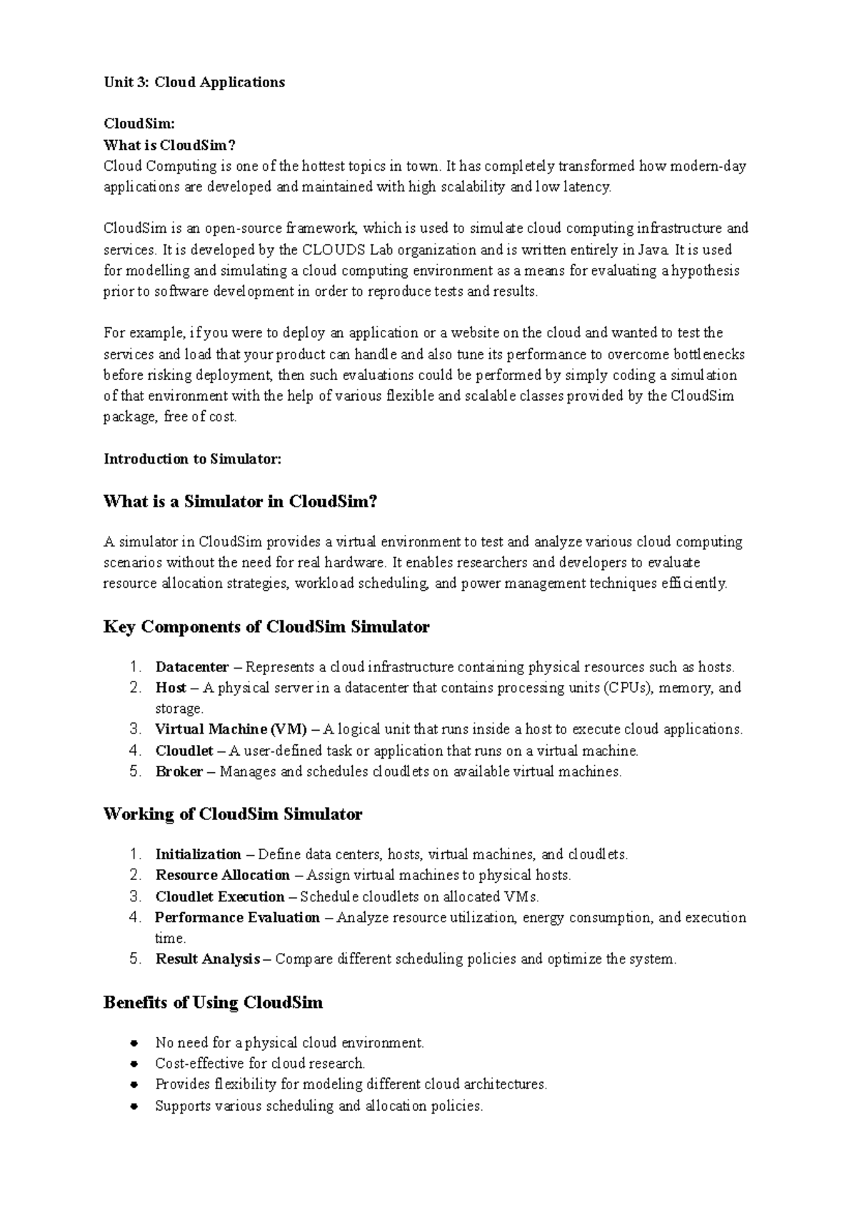 CCWS UNIT 3: Understanding CloudSim and Cloud Applications - Studocu