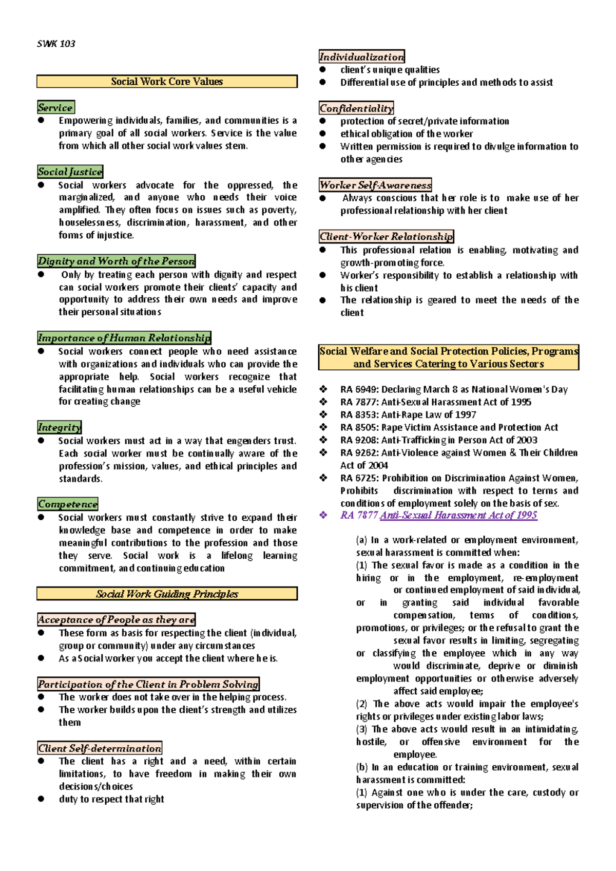 SWK 103 - Lecture Notes on Social Work Core Values and Ethics - Studocu