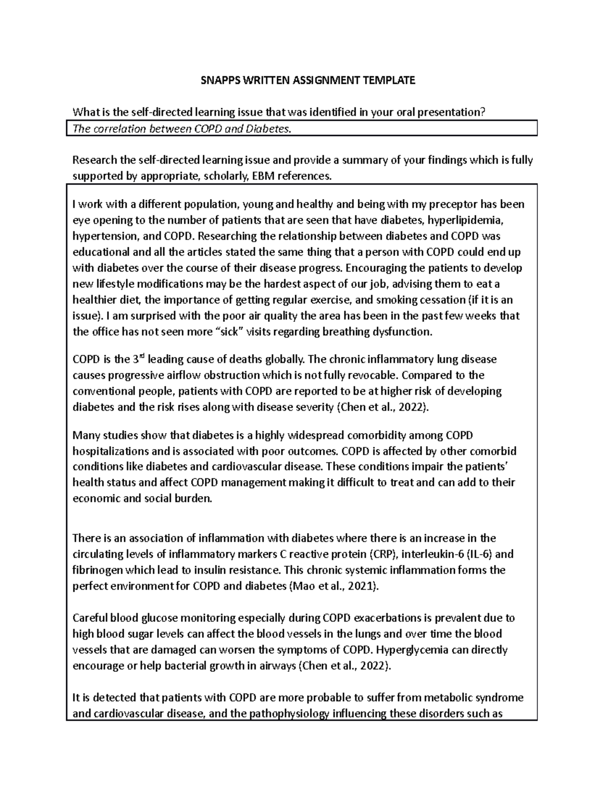 SNAPPS Written Assignment: COPD and Diabetes Correlation Study - Studocu