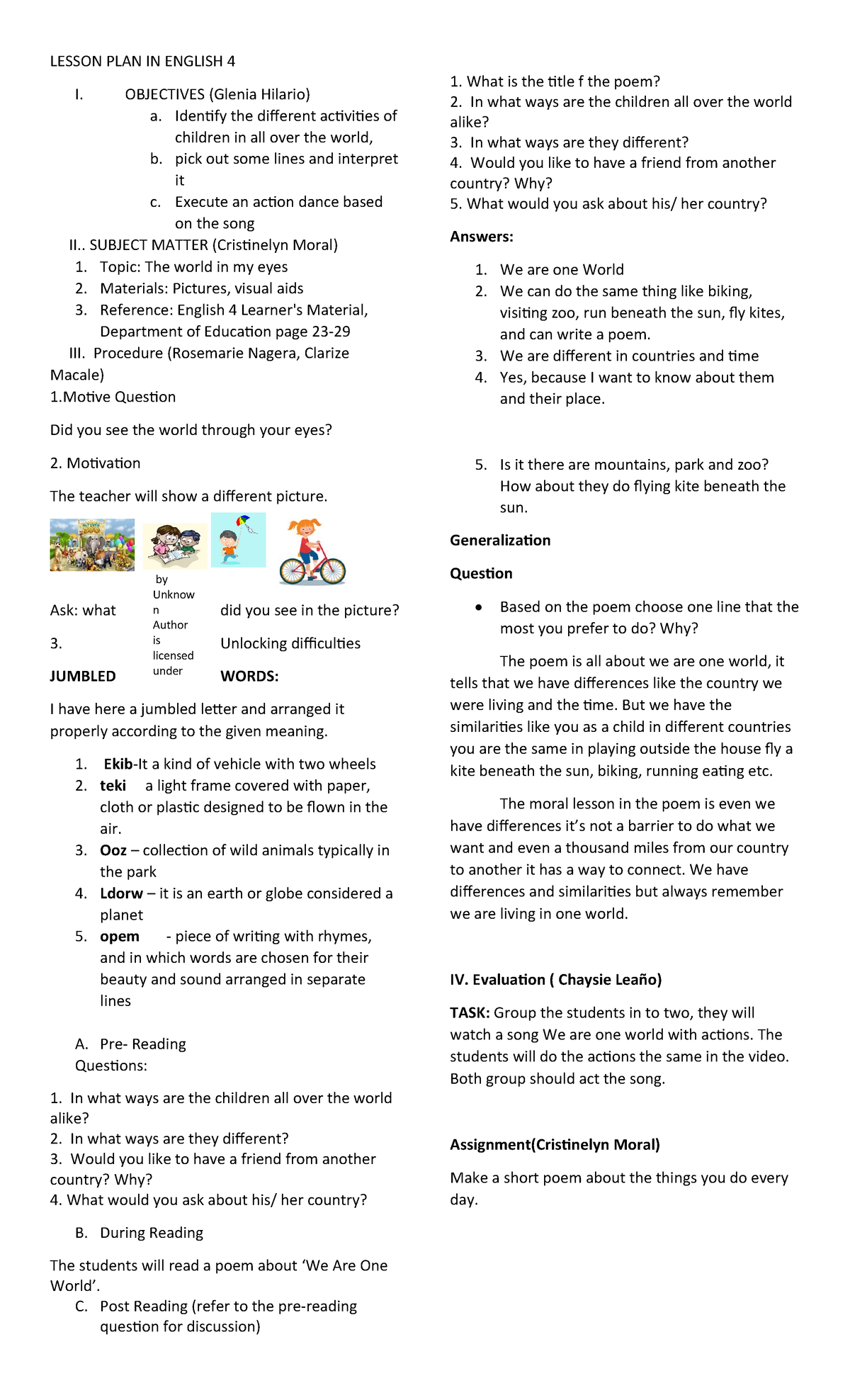 English 4 Lesson Plan: We Are One World Activities - Studocu