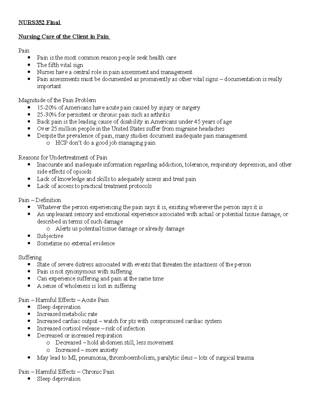 NURS352 Final - Comprehensive Lecture Notes on Pain Management - Studocu