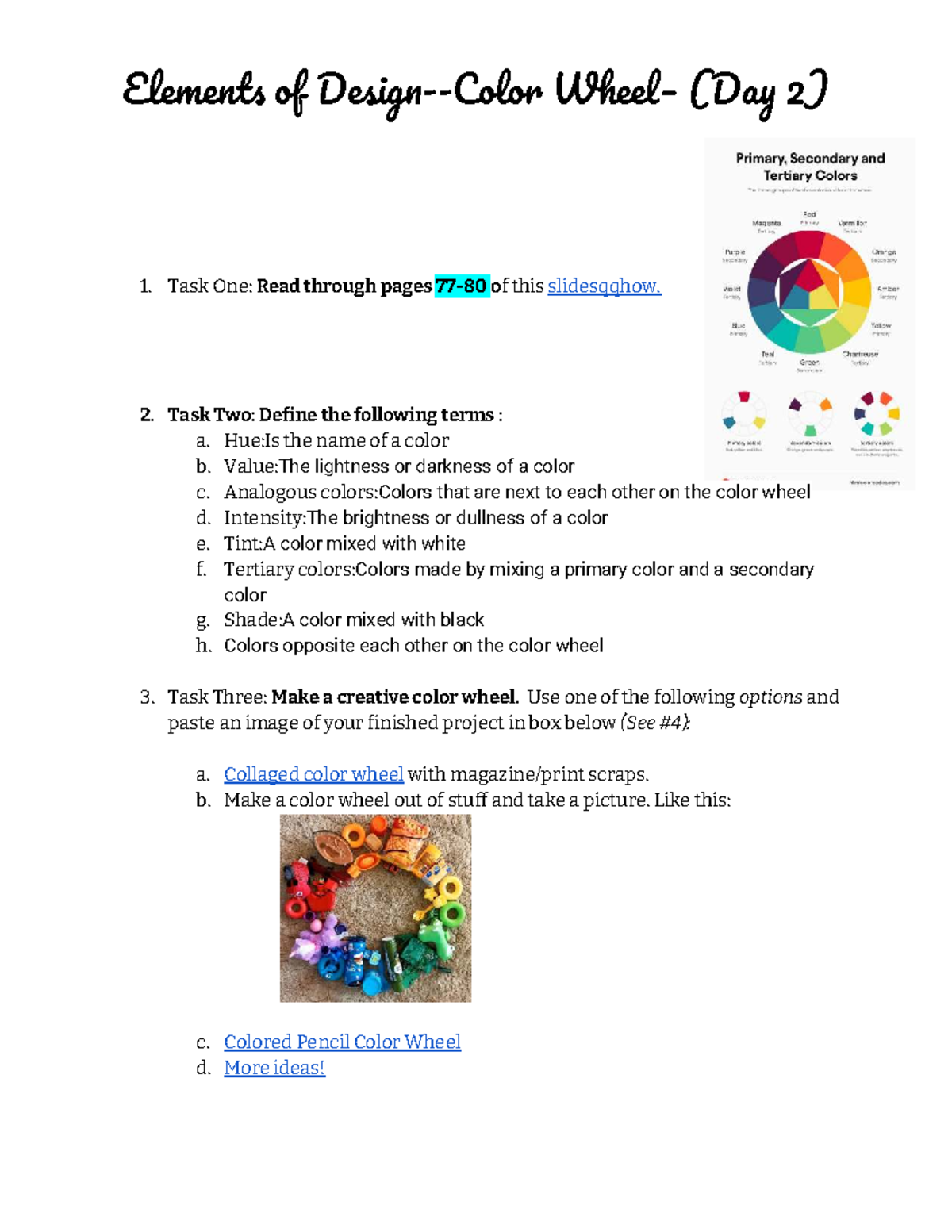 Copy of Elements of Design: Color Definitions & Wheel (Day 2) - Studocu