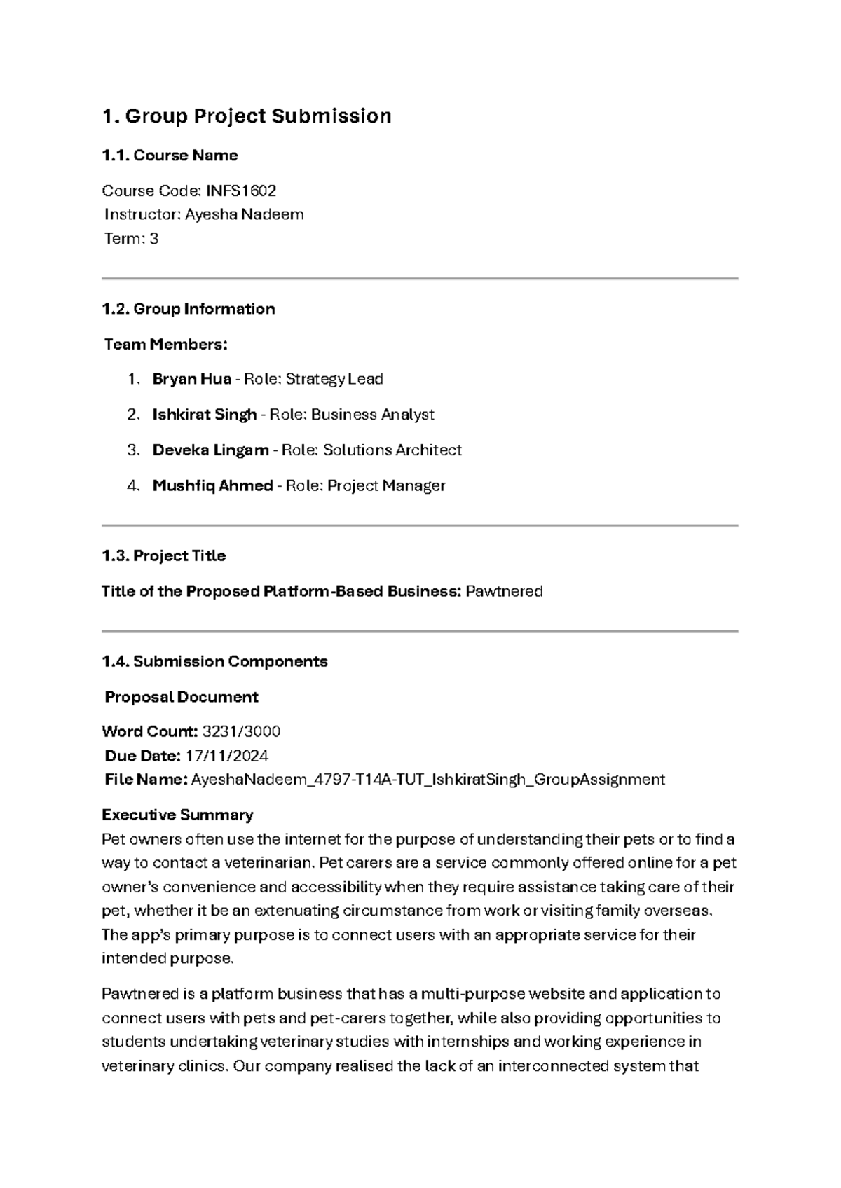Group project submission for INFS1602: Pawtnered business model ...