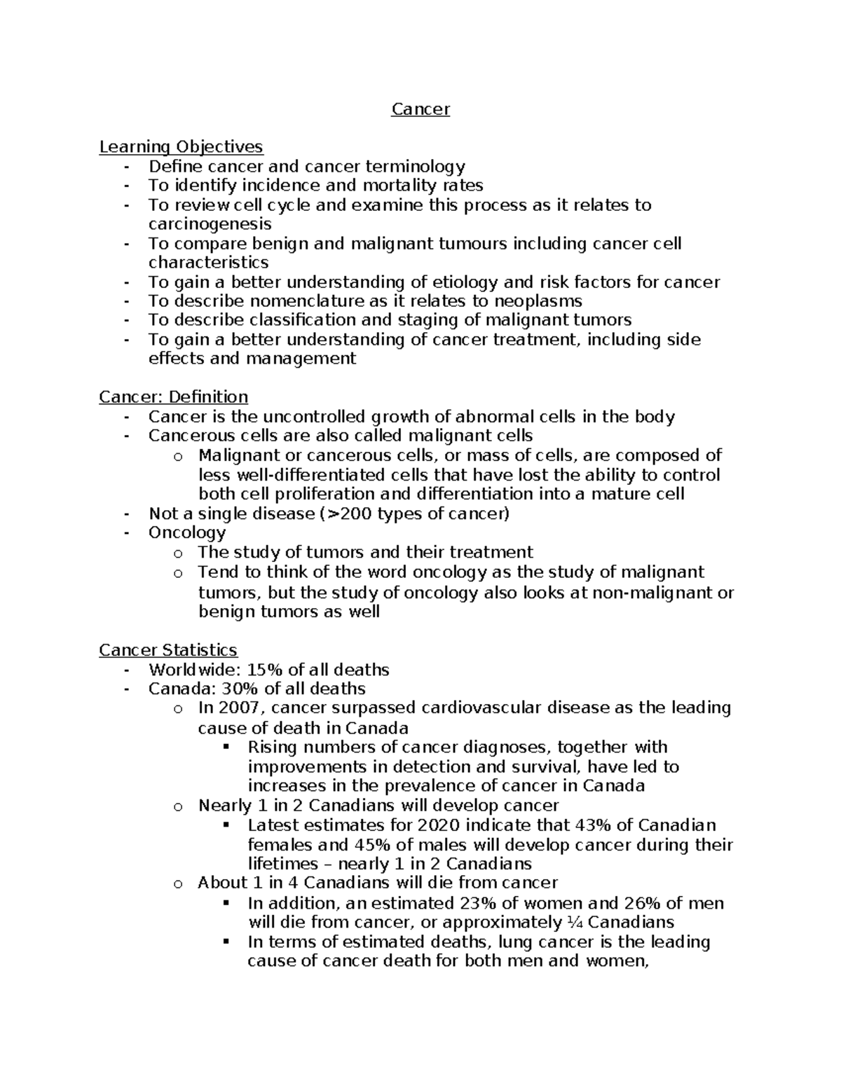 Cancer - Lecture Notes: Understanding Carcinogenesis and Treatment ...