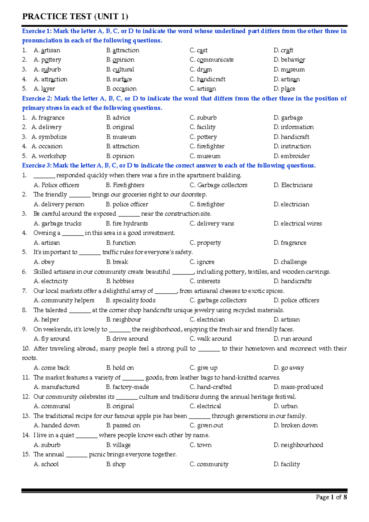 PRACTICE TEST (UNIT 1) on Local Community Vocabulary and Pronunciation ...