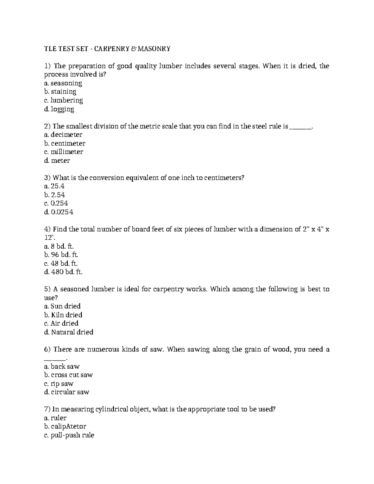 TLE TEST SET: CARPENTRY & MASONRY REVIEW QUESTIONS - Studocu