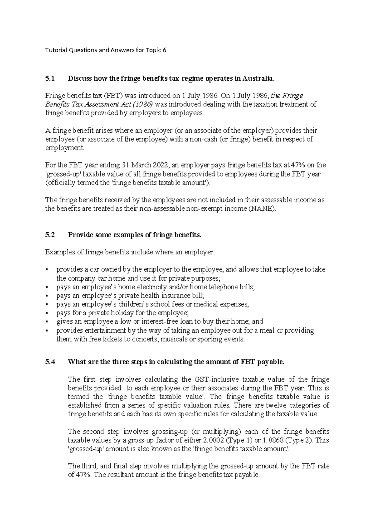 Tutorial Questions and Answers for Topic 6 - Fringe benefits tax (FBT ...