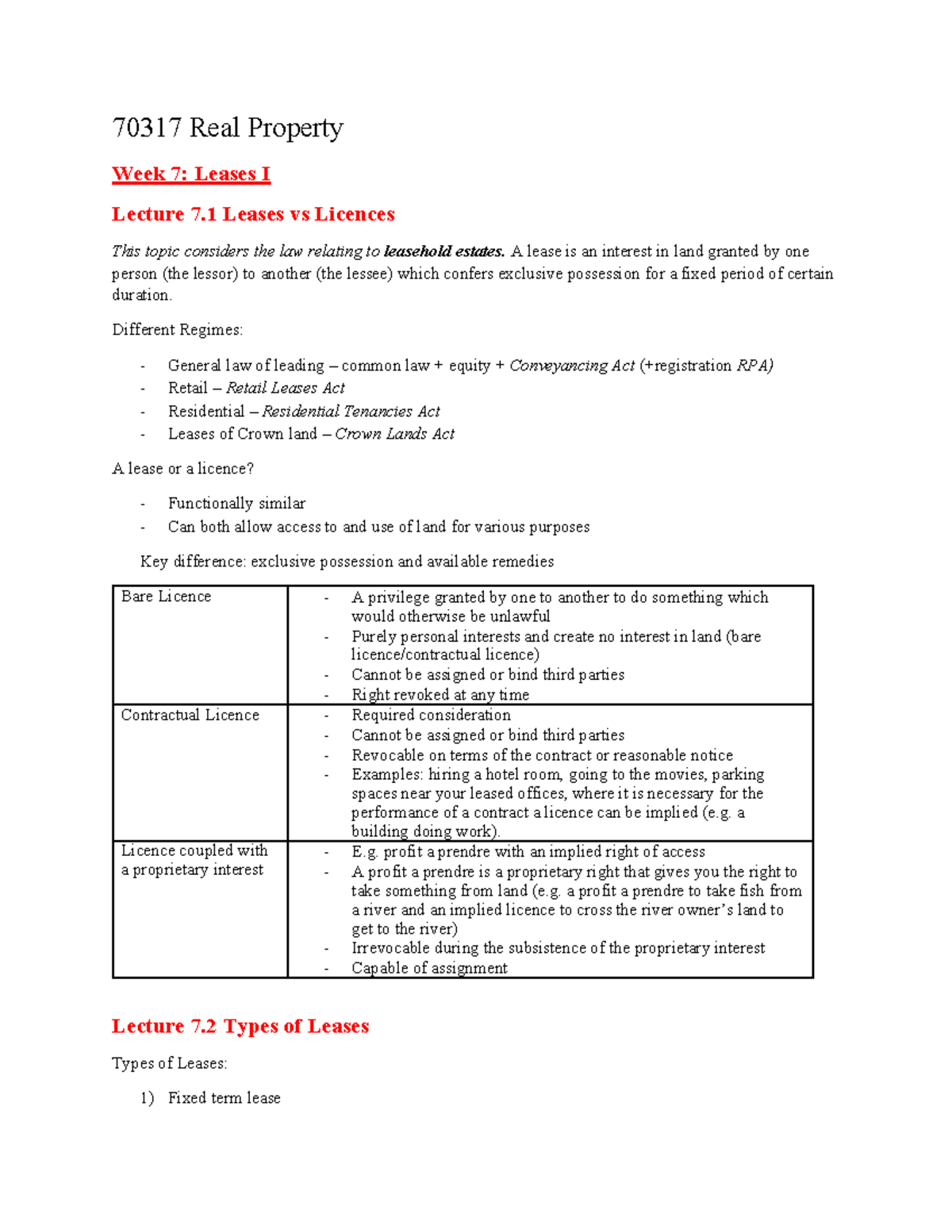70317 Real Property Week 7: Leases I Lecture Notes on Leases vs ...