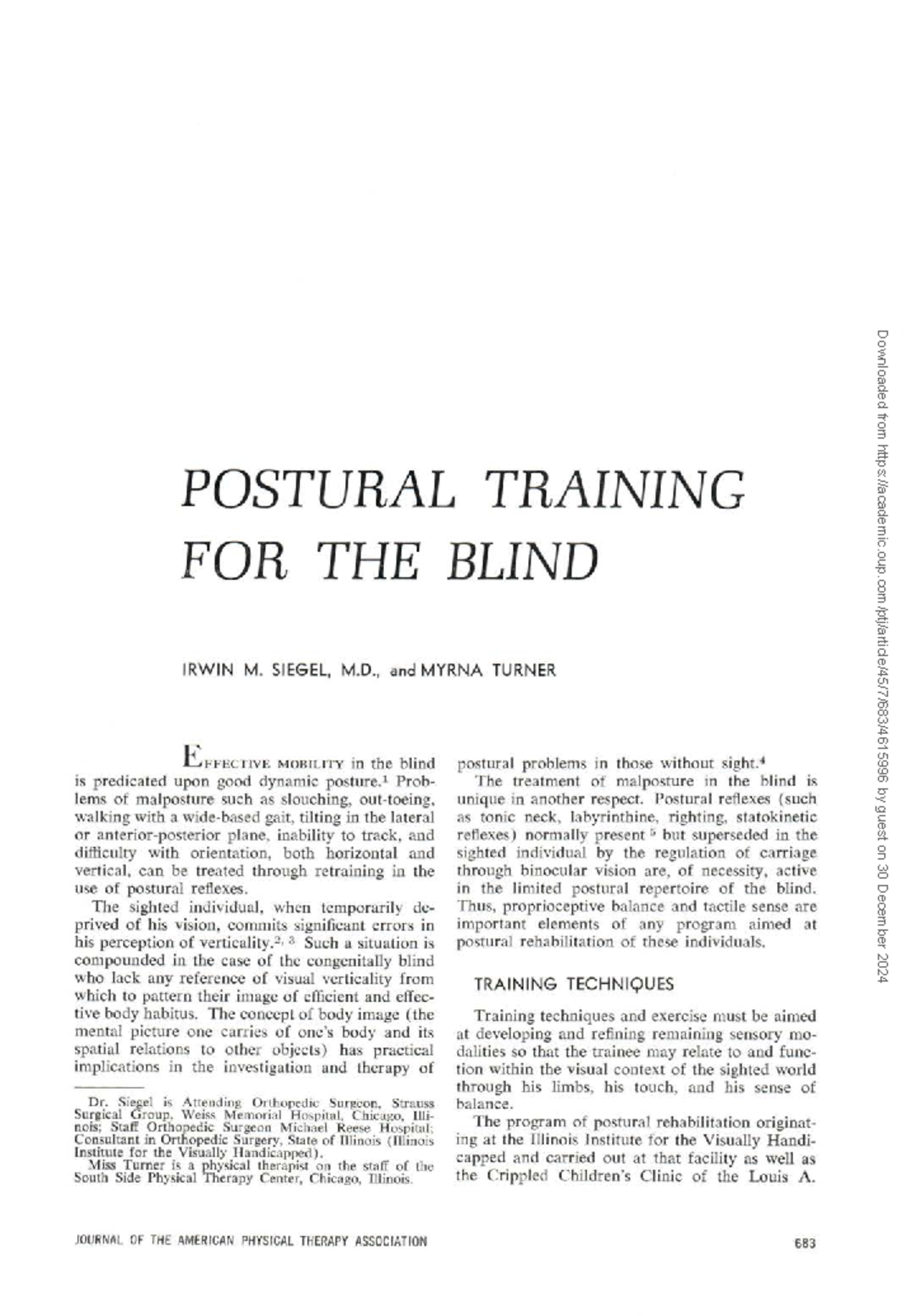 Siegel - Postural training for the blind - 1965 - POSTURAL TRAINING F O ...