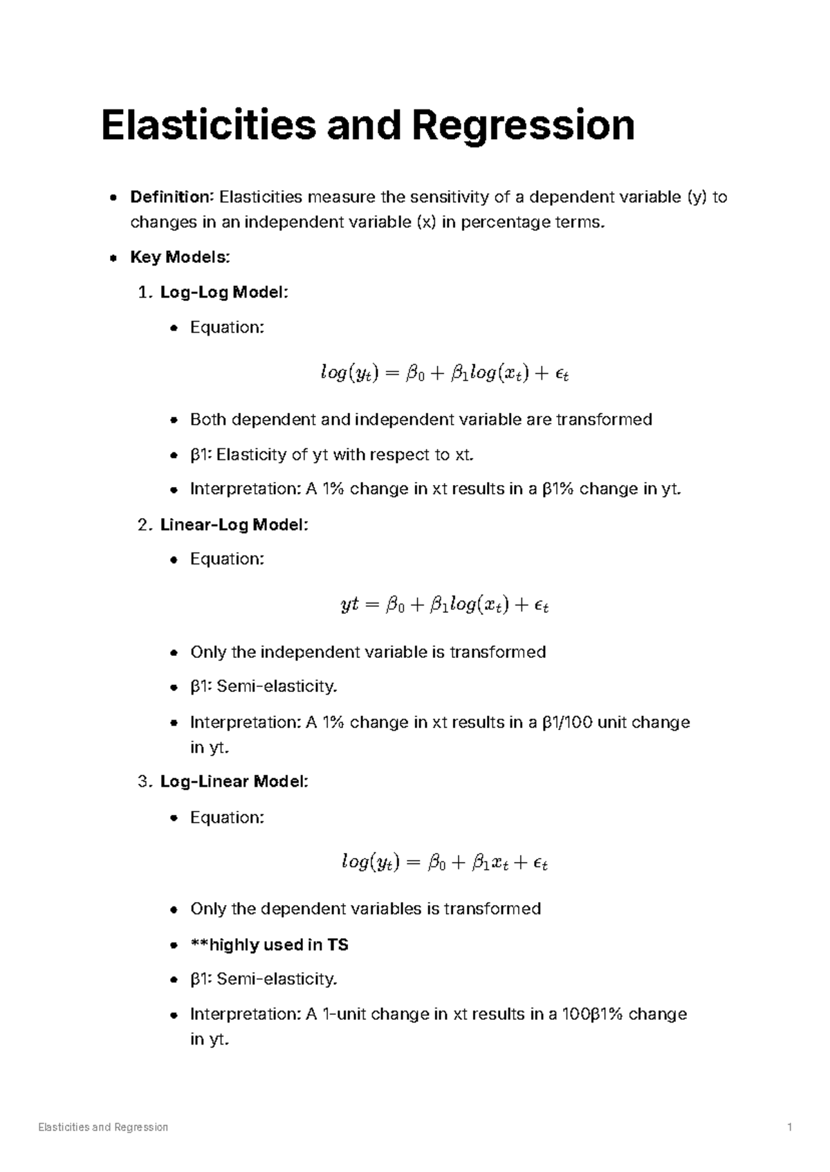 Elasticities and Regression Overview: Key Models Explained - Studocu