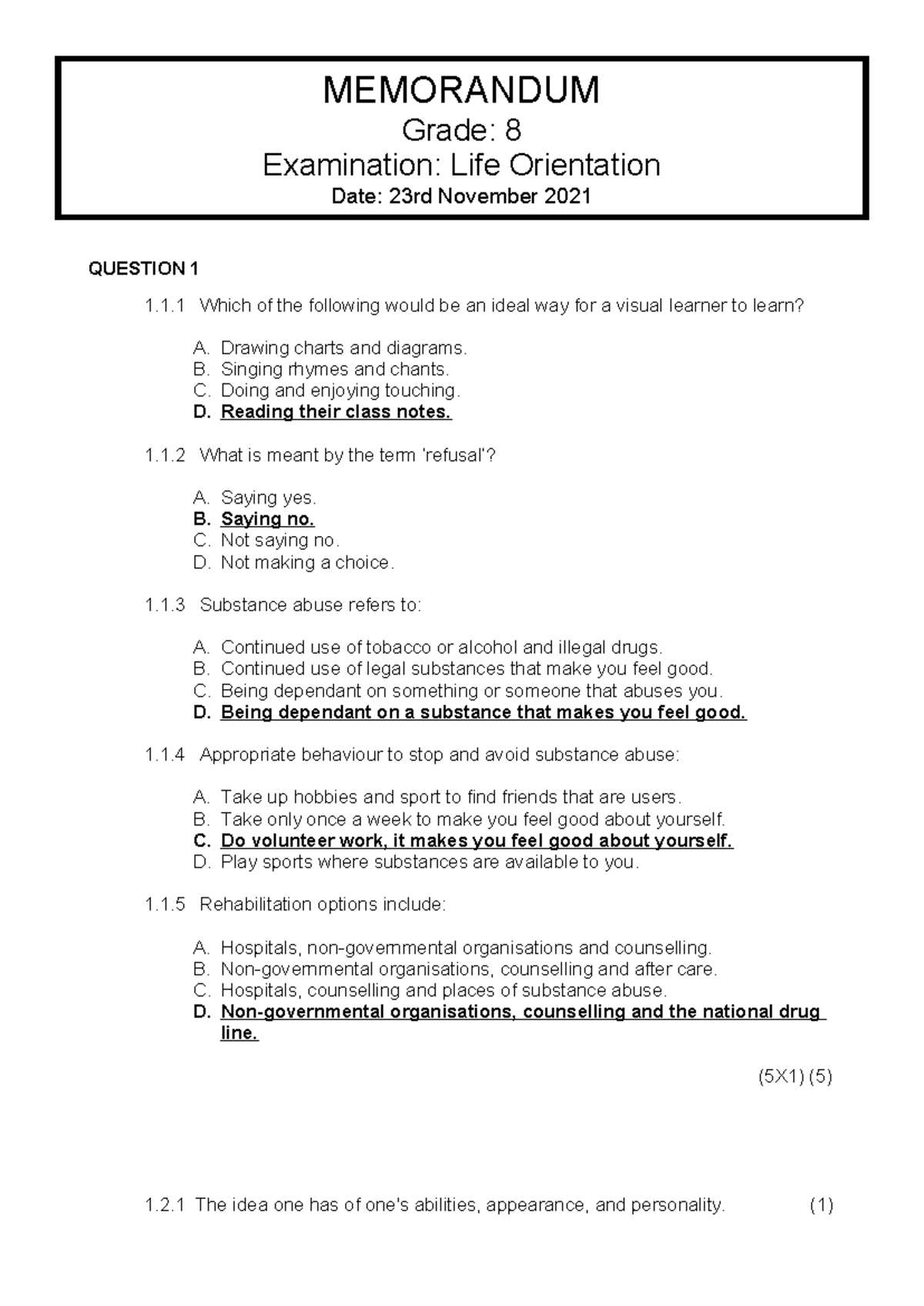 Life Orientation Gr 8 Year End Exam Memo 2021 - Studocu