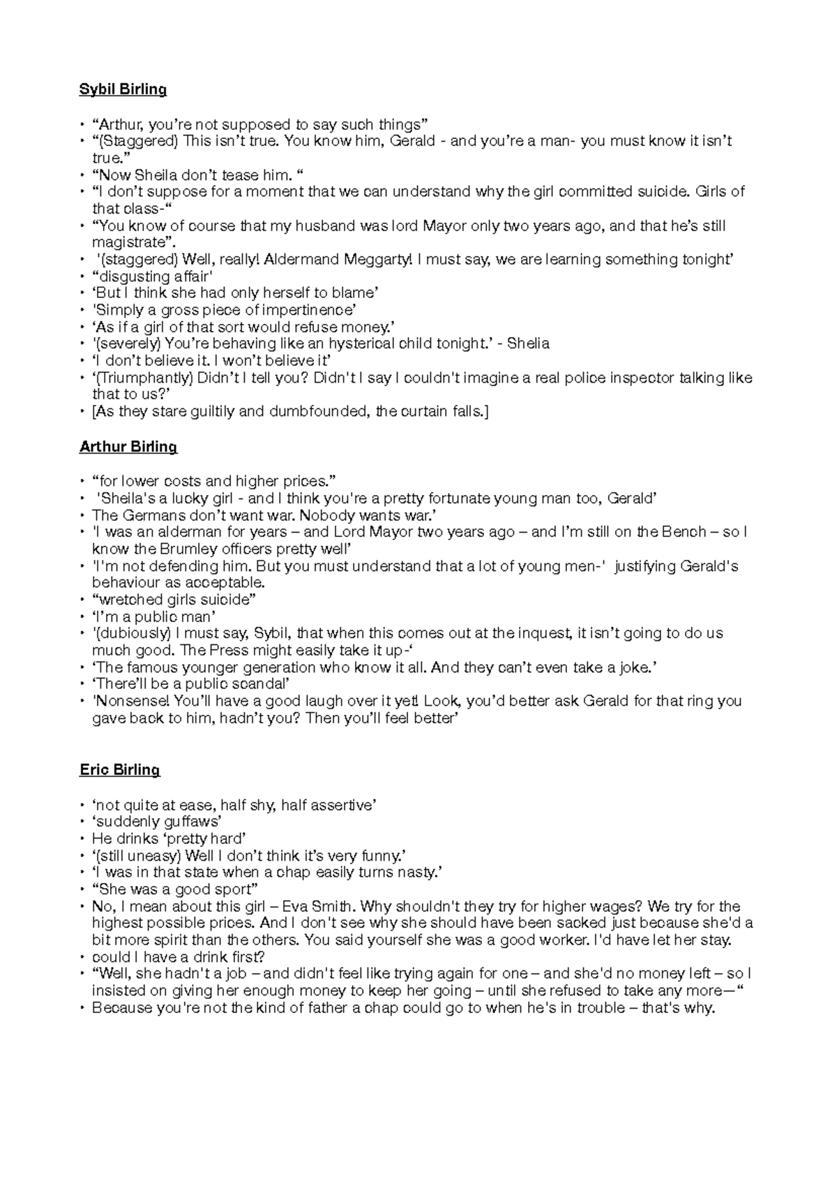 An Inspector Calls (ENG101) Key Quotes Analysis and Discussion - Studocu