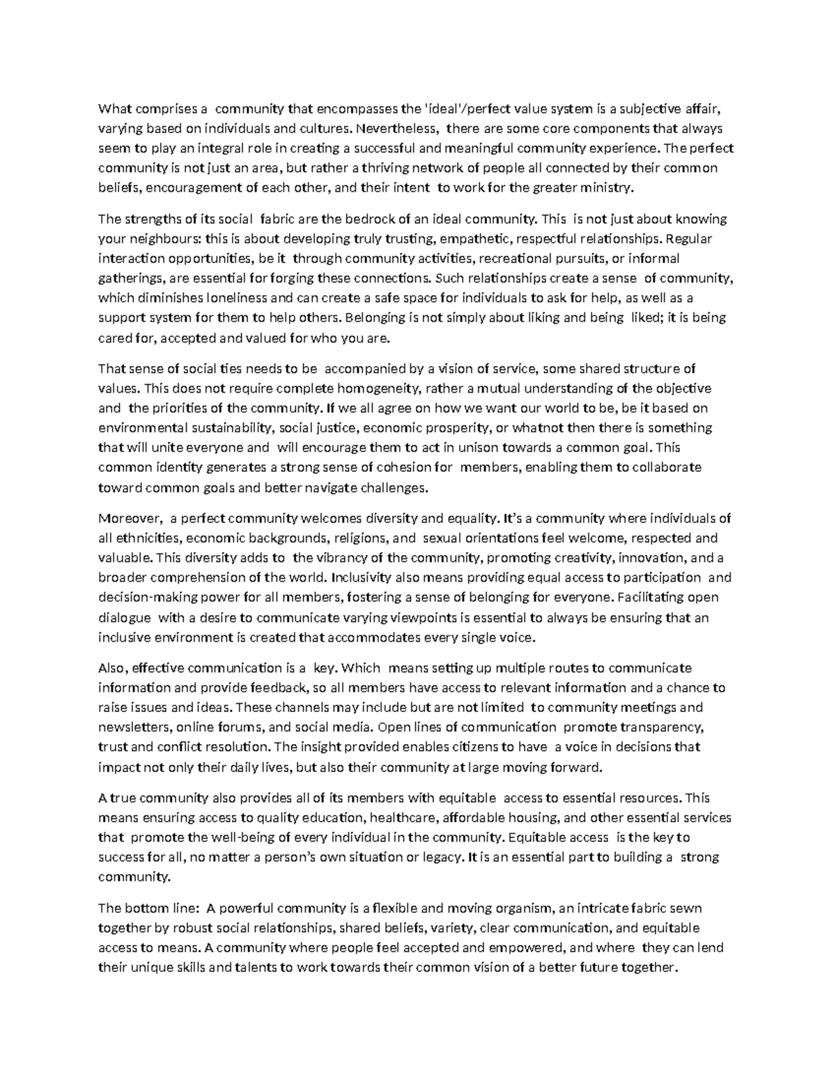 Essay - jhu - What comprises a community that encompasses the 'ideal ...