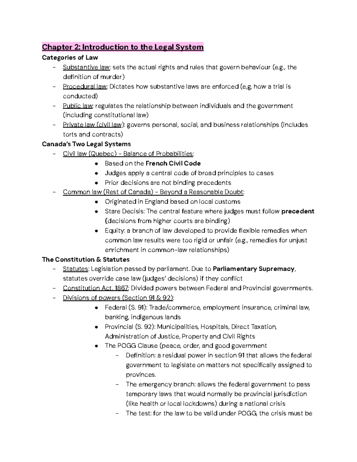 Course Notes: Legal System Overview and Key Concepts (LAW 101) - Studocu