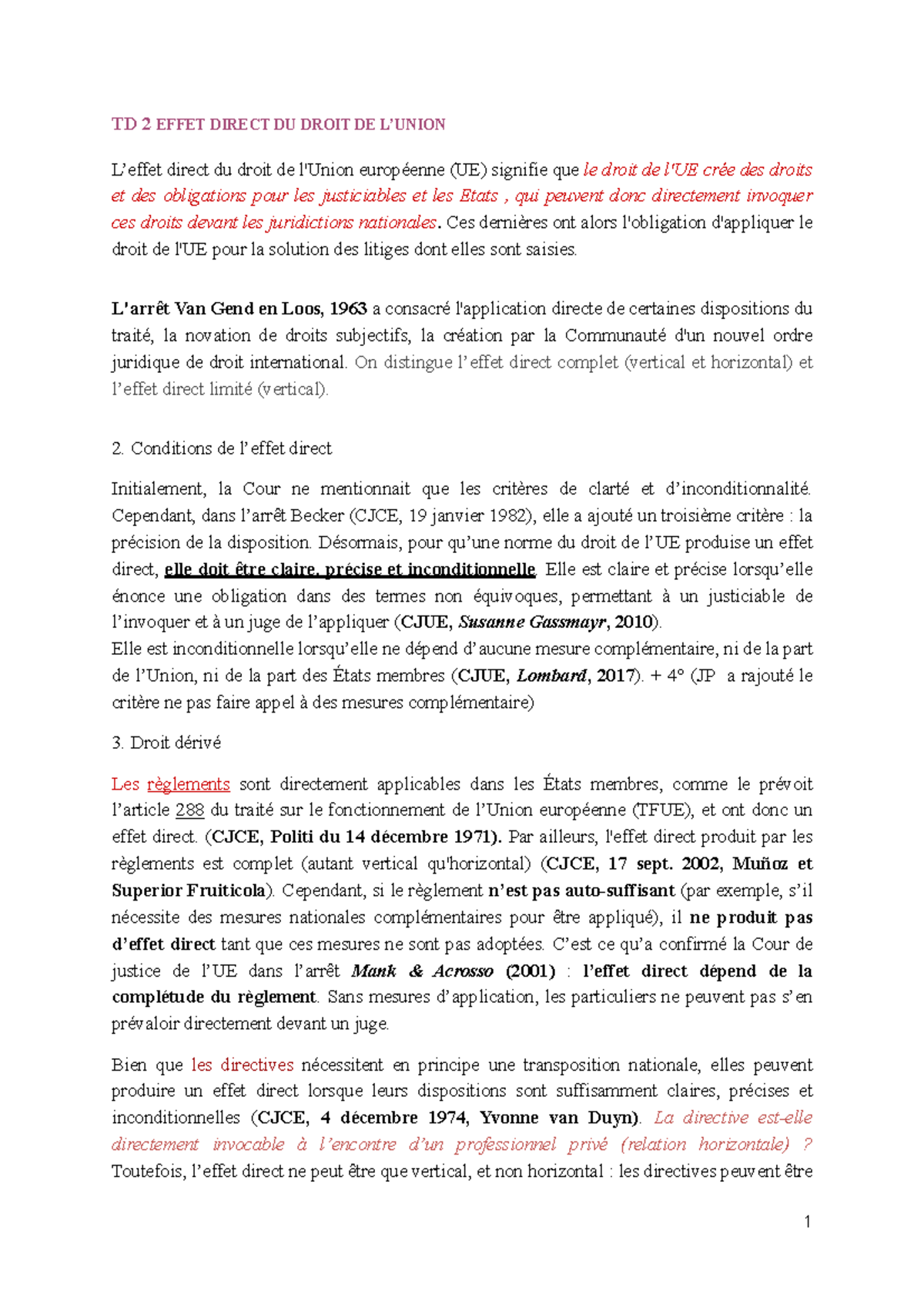 TD 2 : Effet Direct du Droit de l'Union Européenne et Primauté - Studocu