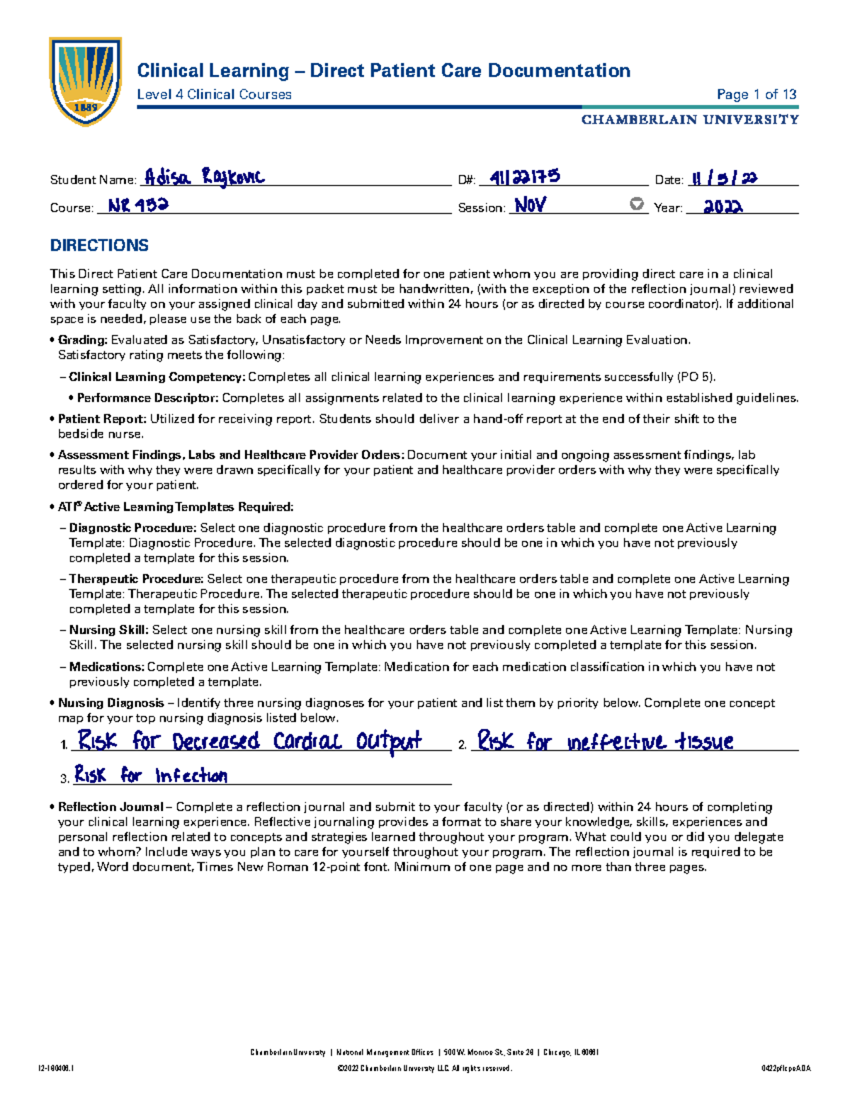 NR 152 Capstone Assessment B - Direct Patient Care Documentation - Studocu