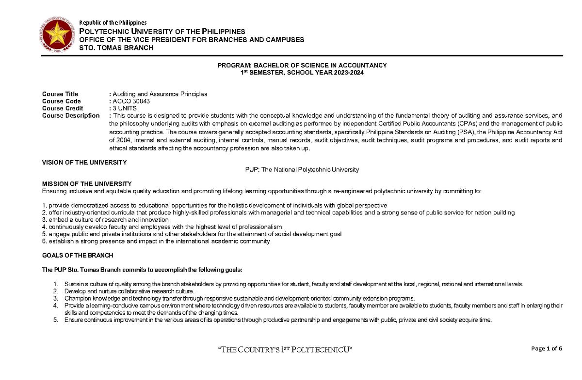 ACCO 30043 Auditing and Assurance Principles Course Syllabus - Studocu