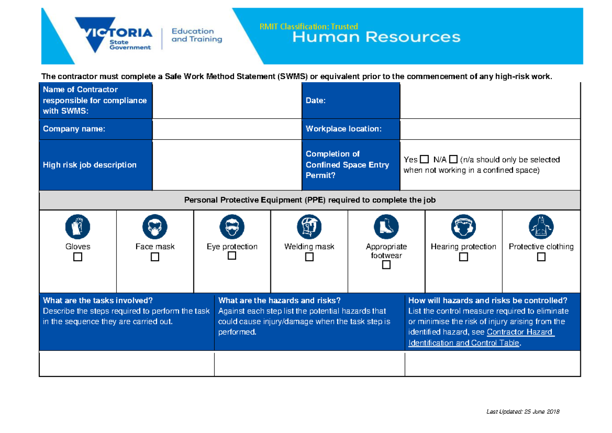 Safe Work Method Statement (SWMS) Template for High-Risk Tasks - Studocu