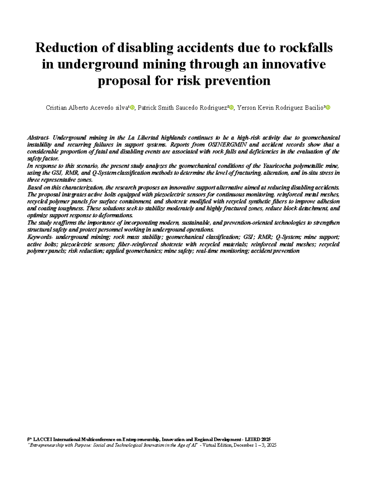 Innovative Risk Prevention for Rockfall Accidents in Underground Mining ...