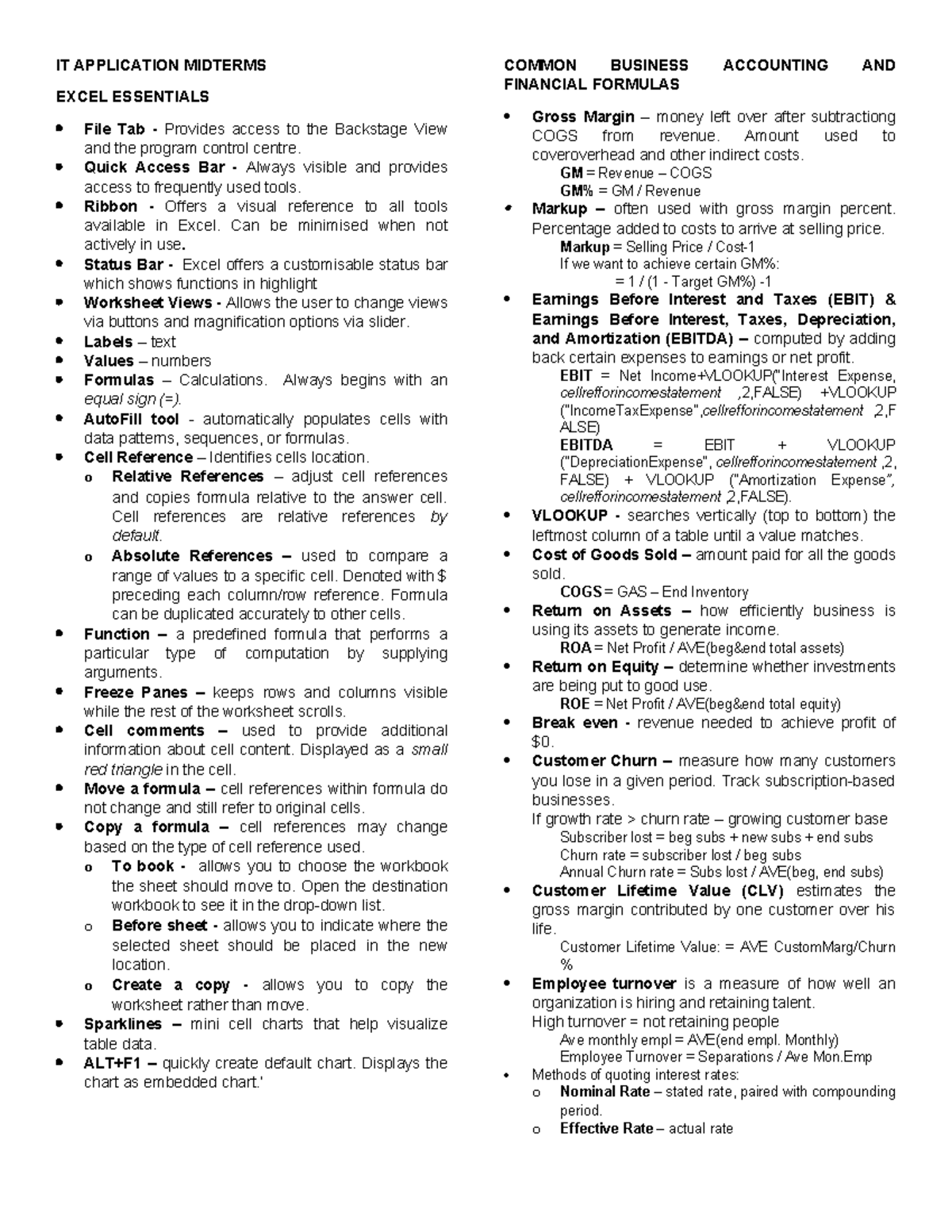 IT APPLICATION MIDTERMS: EXCEL ESSENTIALS & FINANCIAL FORMULAS - Studocu