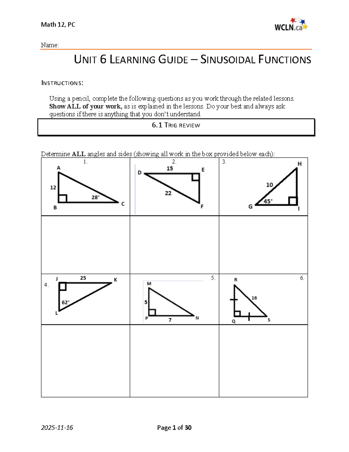 Math 12 Unit 6 Learning Guide: Sinusoidal Functions - Studocu