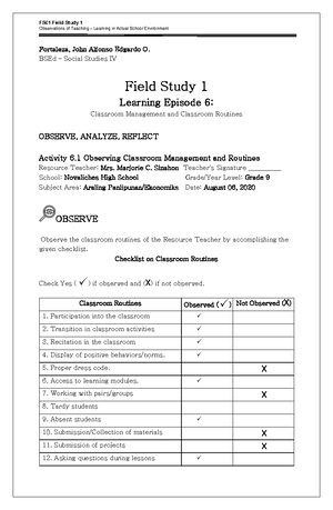 FS1 - Observation Sheet #1 - Fortaleza, John Alfonso Edgardo O. (BSED ...