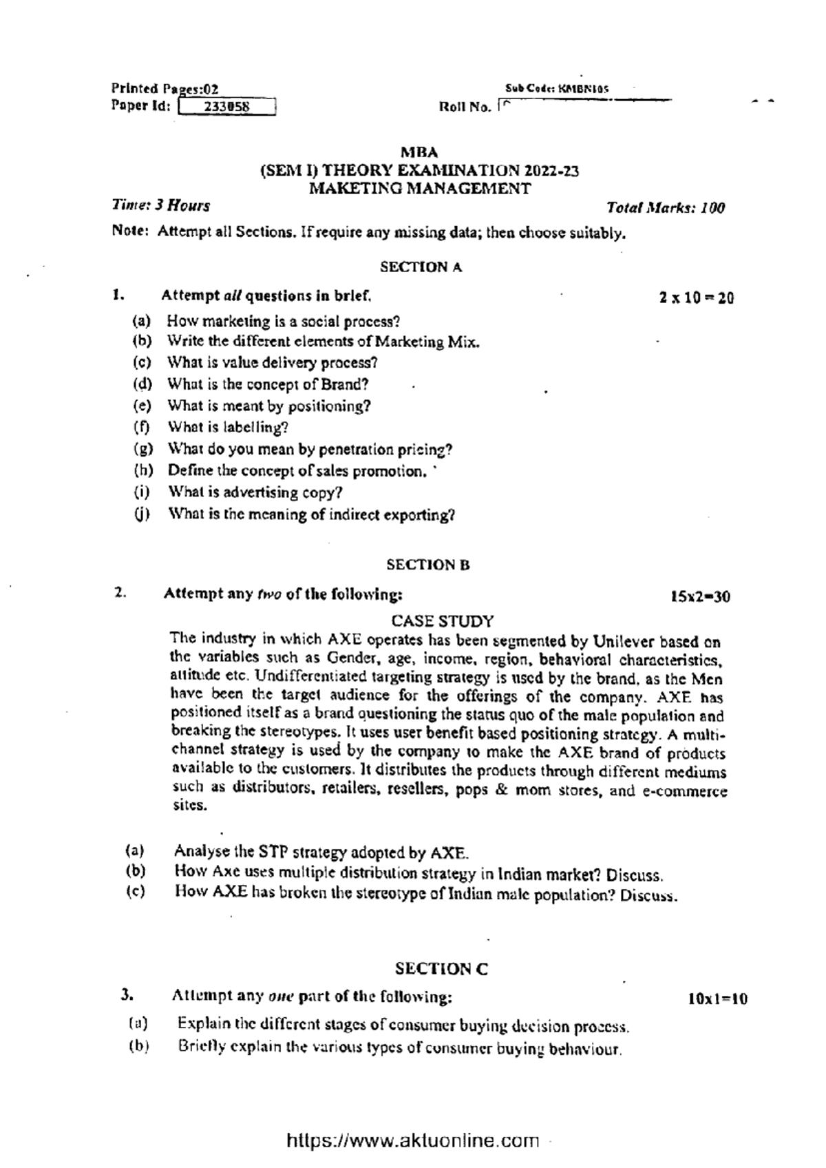 MBA 1st Sem Marketing Management Exam KMBN105 Notes 2023 - Studocu