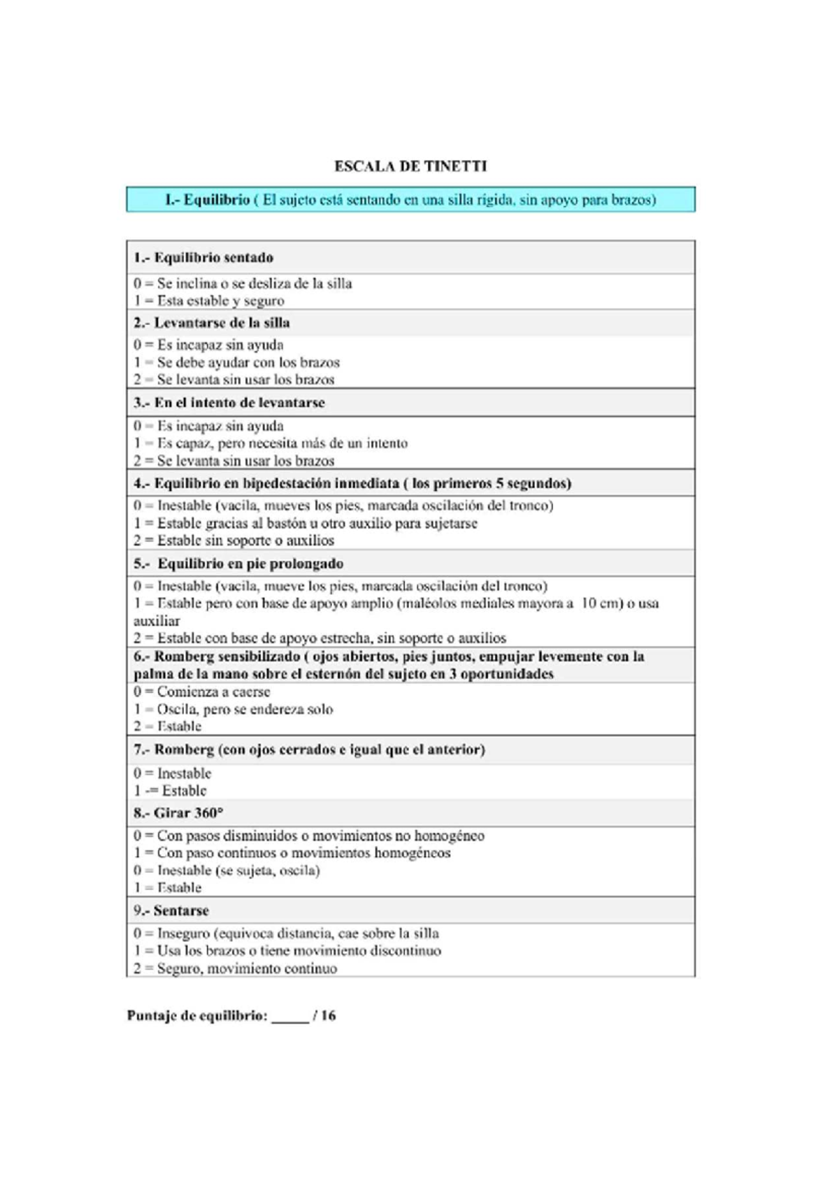 Tinetti Balance Assessment - ESCALA DE TINETTI - Studocu