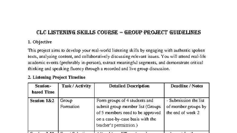 CLC Listening Skills Course Group Project Guidelines - Studocu