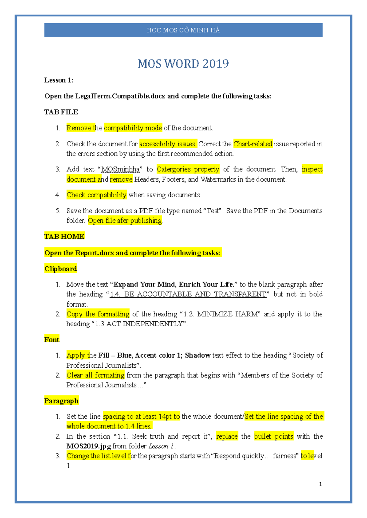ĐỀ GIẢNG HỌC MOS WORD 2019 - Lesson 1 & 2 Tasks - Studocu