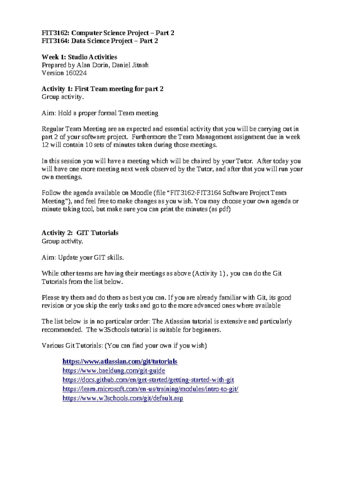 FIT3162 & FIT3164: Week 1 Studio Activities Overview - Studocu