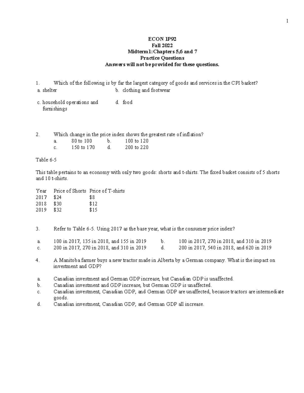Midterm 1 practice questions - ECON 1P Fall 2022 Midterm1:Chapters 5,6 ...