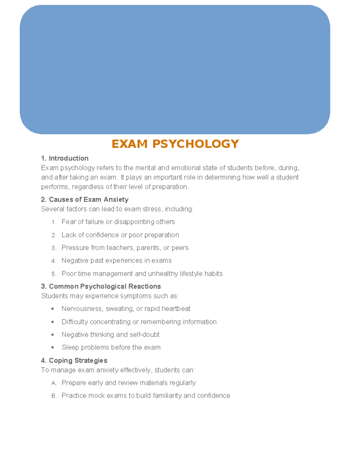 PSY 101: Managing Exam Anxiety and Coping Strategies - Studocu