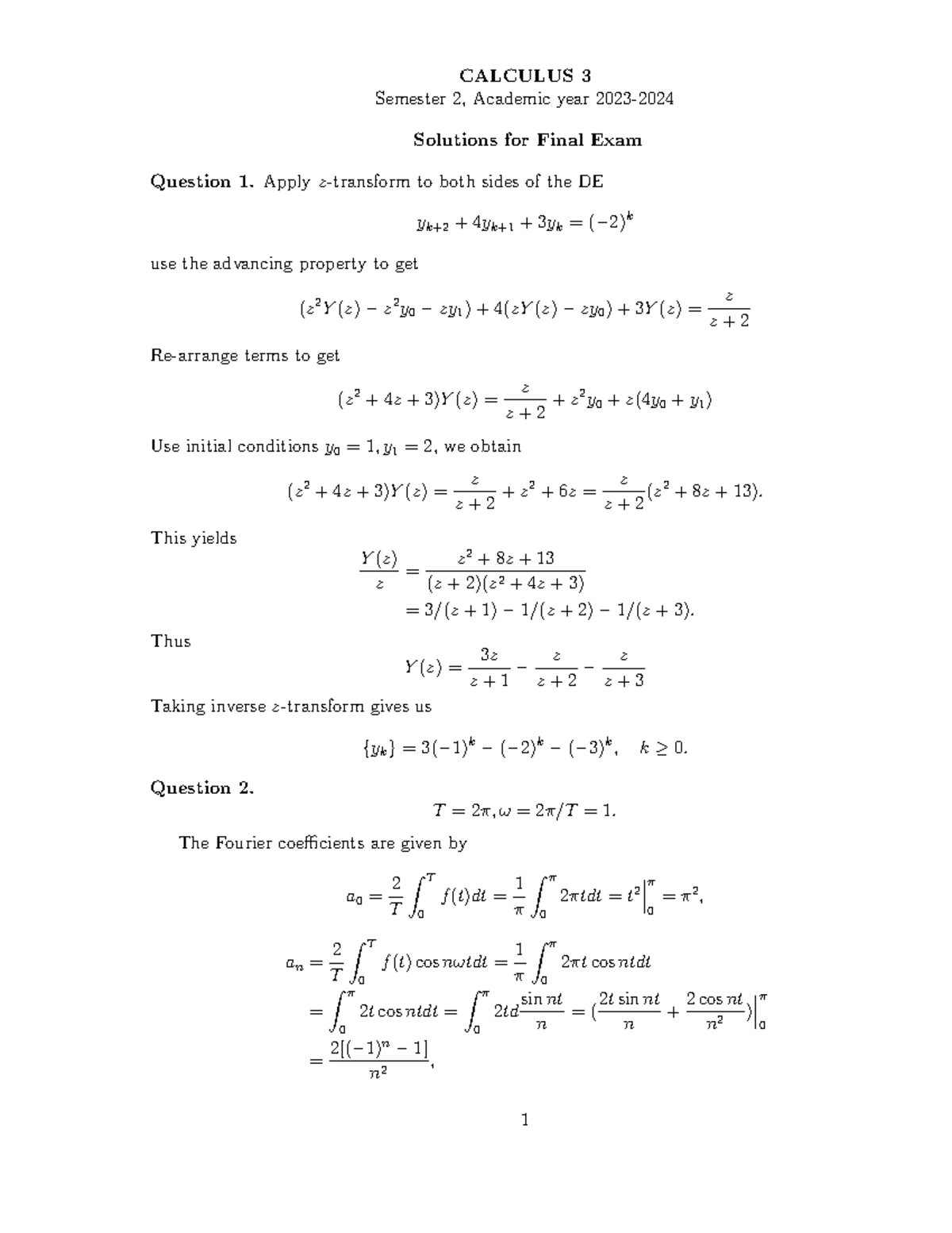 Calculus 3 Solutions for Final Exam 2324S2 - Studocu