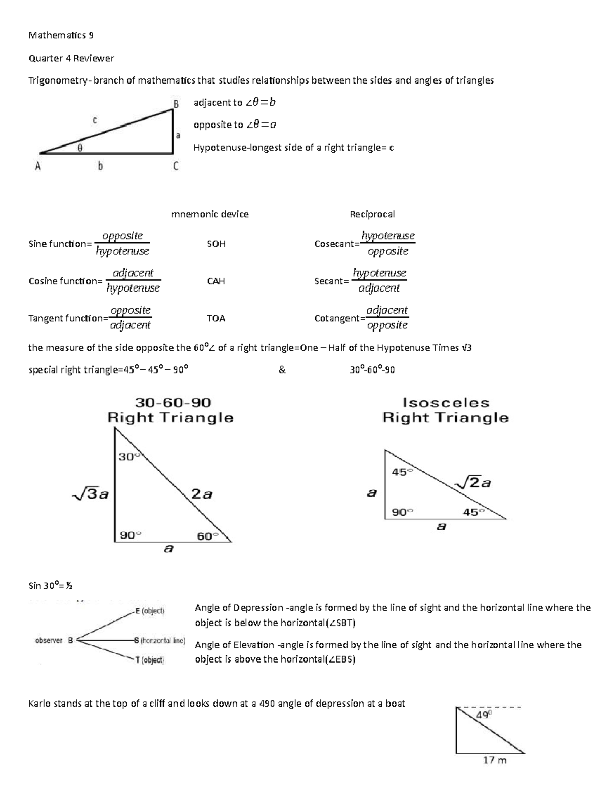 Mathematics 9 Quarter 4 Final Exam Reviewer on Trigonometry Concepts ...