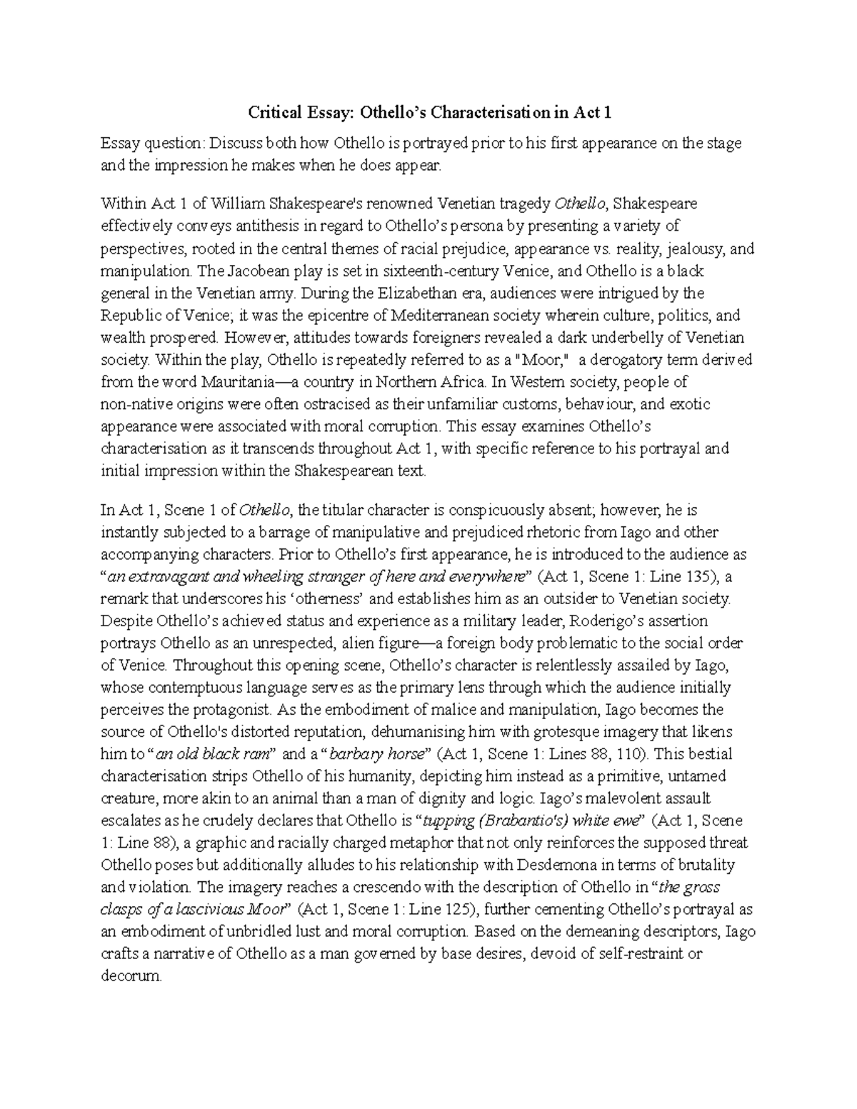 Critical Essay: Analysis of Othello's Character in Act 1 (ENG 101 ...