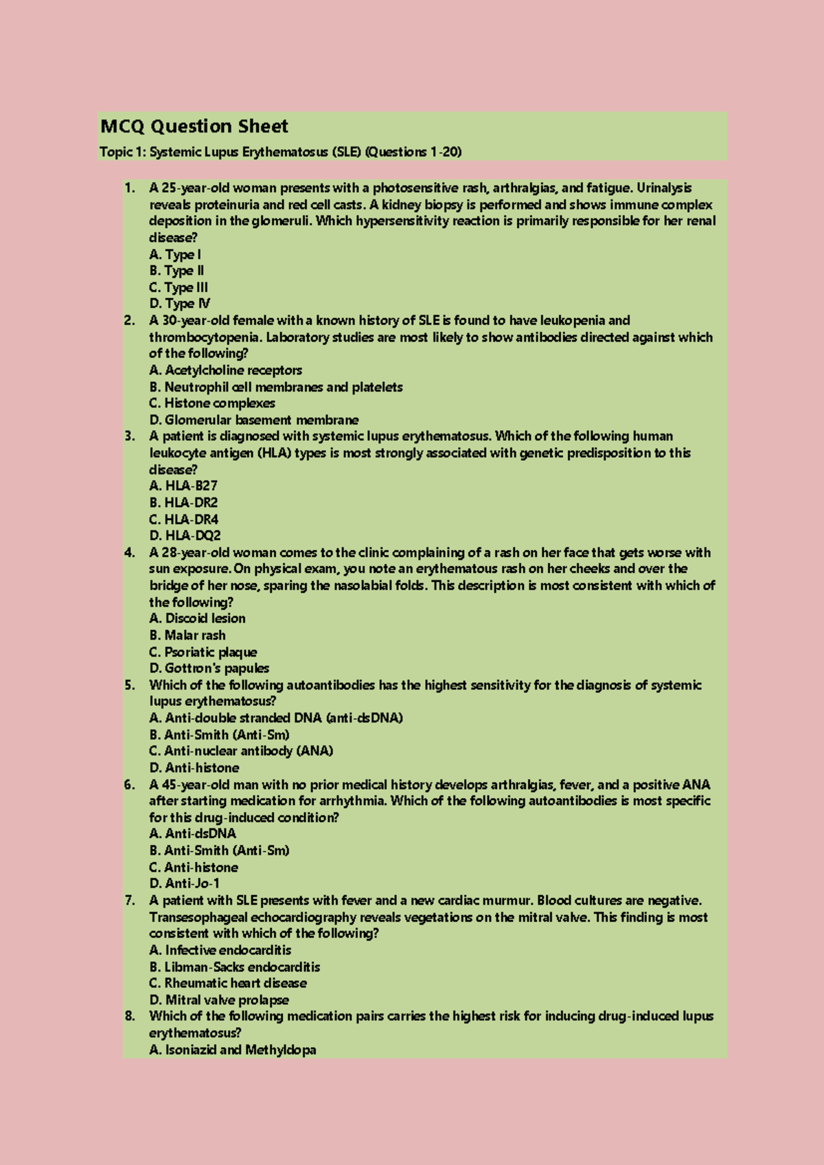 MCQ Question Sheet: Systemic Lupus Erythematosus (SLE) & ITP Practice ...