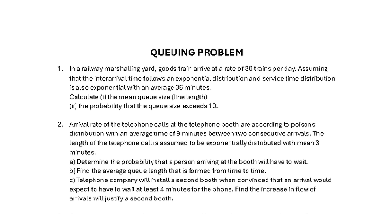 QUEUING THEORY PROBLEMS - NOTES (MATH 101) - Studocu
