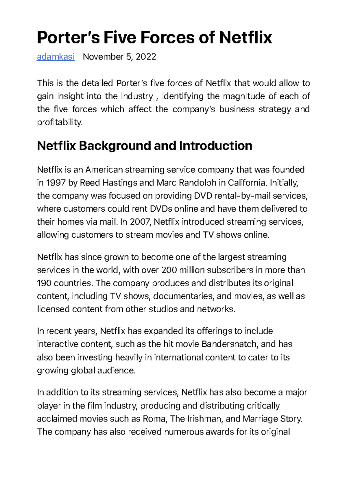 Porter's Five Forces Analysis of Netflix (MKT 301) - Comprehensive ...