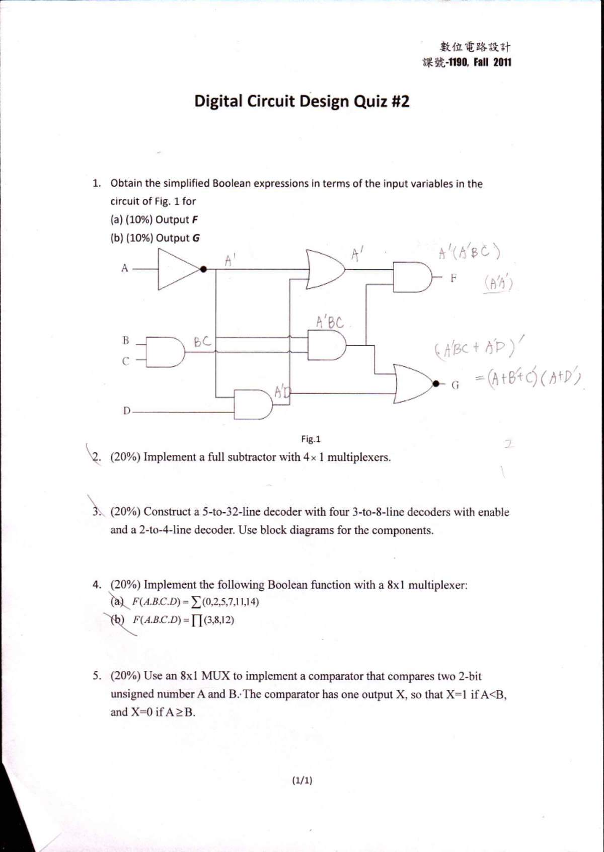Digital Circuit Design Quiz 1 - Fall 2011 - Studocu
