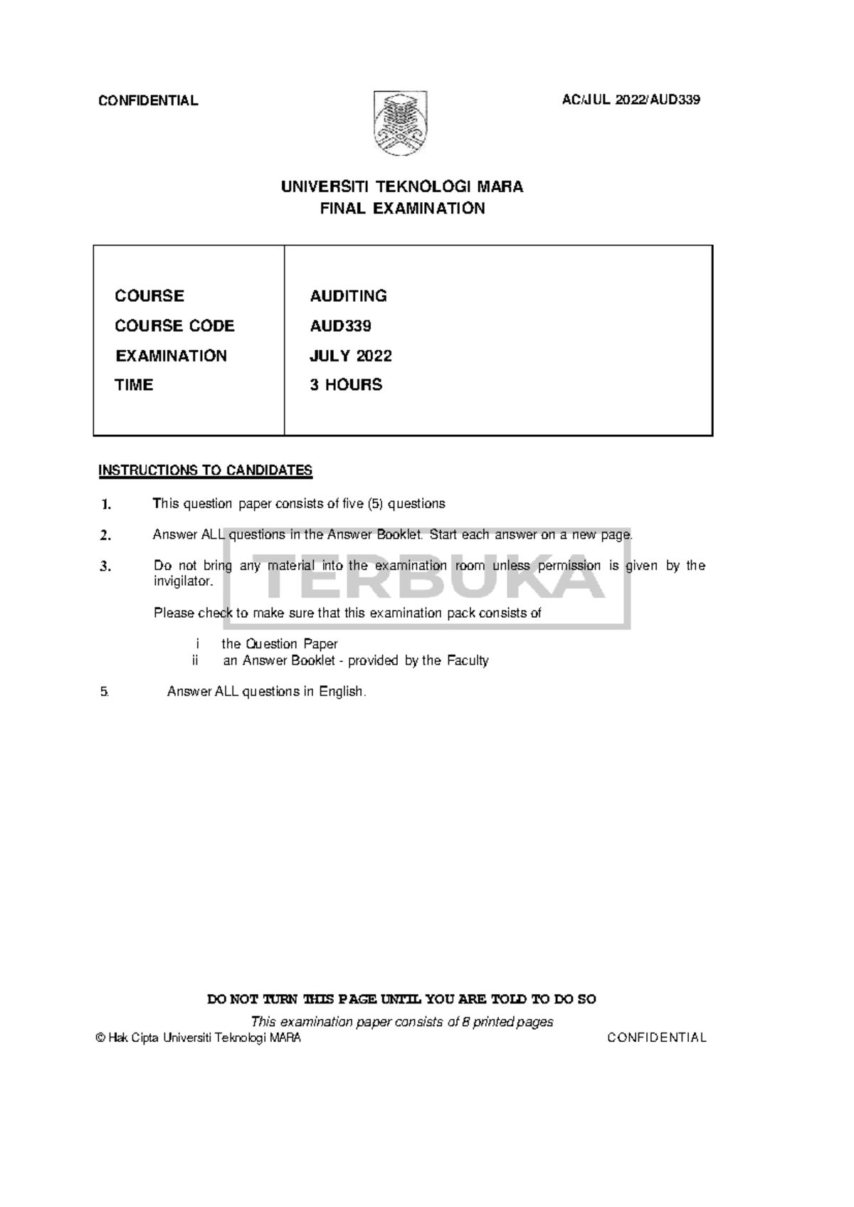 AUD339 Final Exam Paper - Auditing July 2022 - Studocu